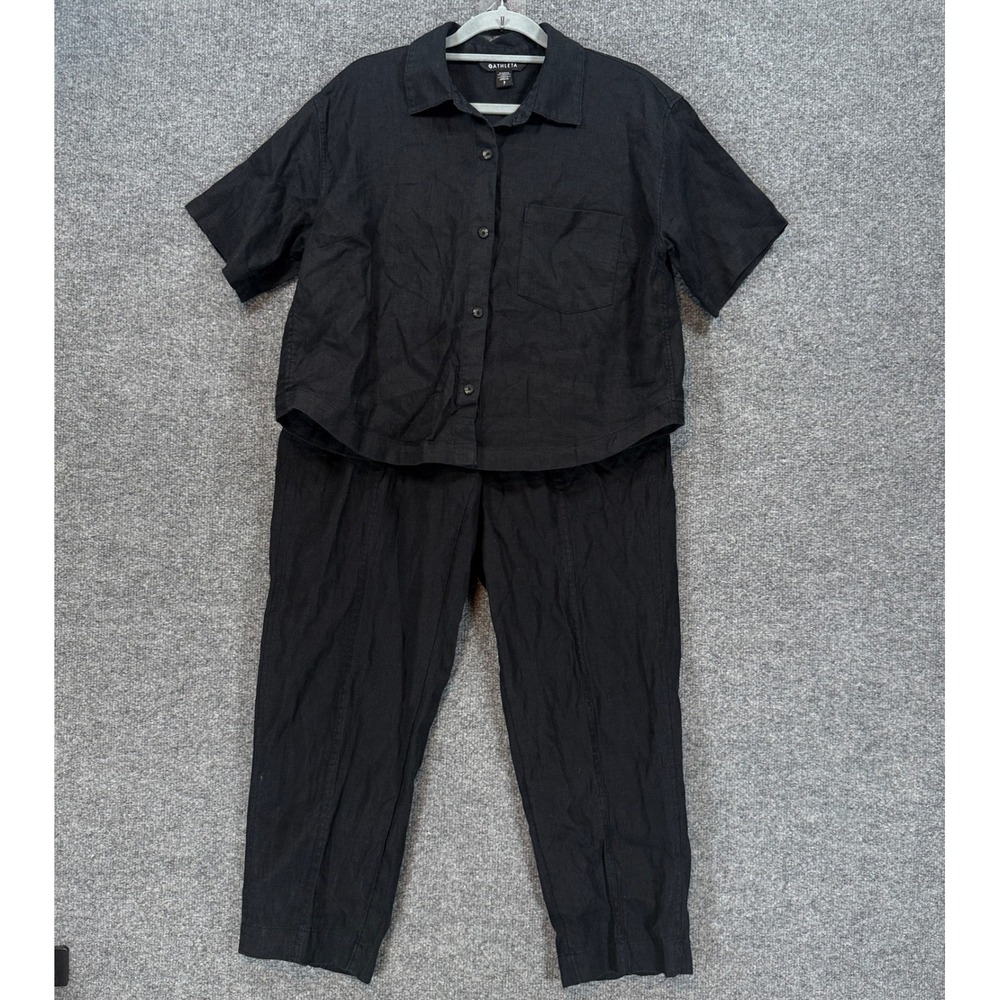 Athleta 2 Piece Set Womens Small Black 100% Linen Short Sleeve Shirt Pants Crop